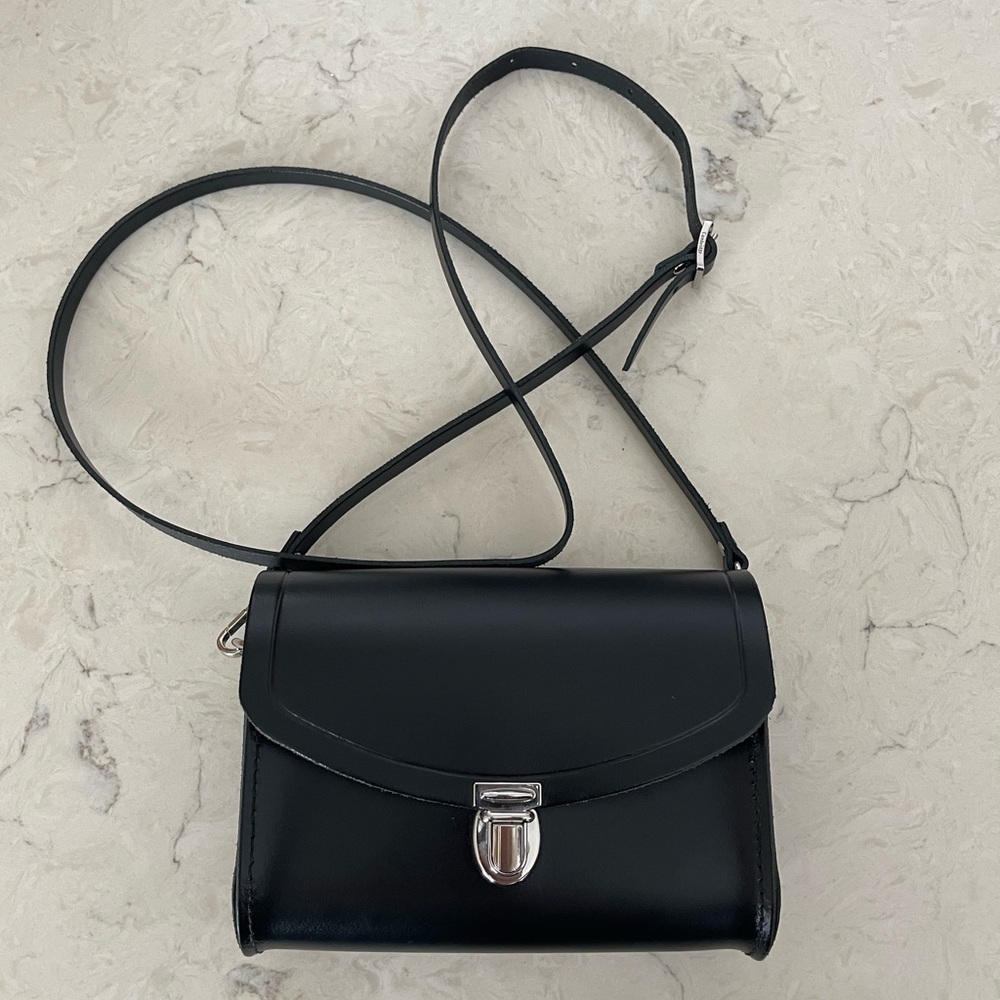 Cambridge Satchel Company small black leather pushlock crossbody bag, made in UK